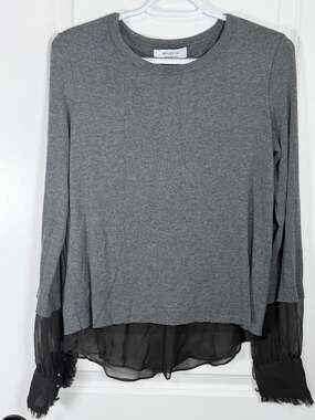 Bailey/44 Gray Knit Long Sleeve Top with Sheer Contrast Sleeves and Hem - Size M